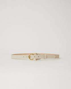 thin off white leather belt with uniquely simple gold buckle and leather keeper. 