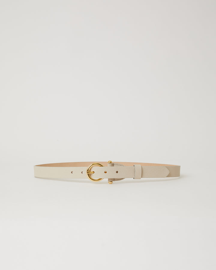 thin off white leather belt with uniquely simple gold buckle and leather keeper. 