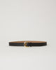 classic skinny black leather belt with a simple gold buckle and leather keeper.