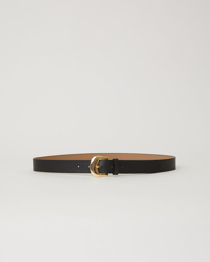 classic skinny black leather belt with a simple gold buckle and leather keeper.