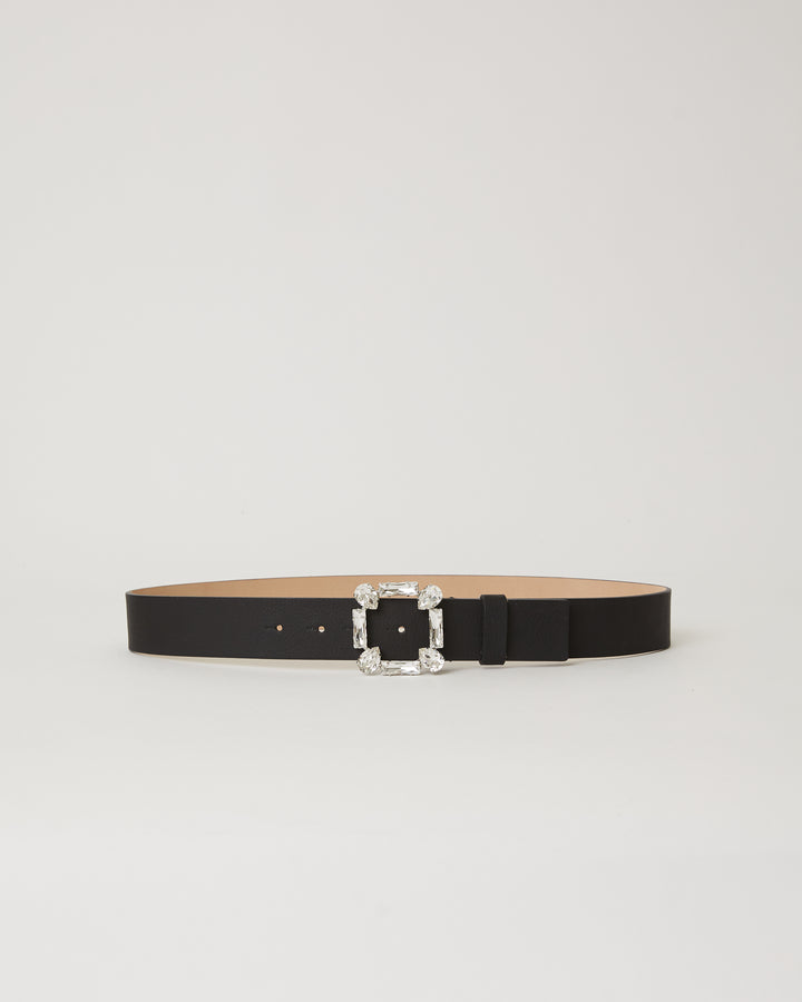 Black genuine leather belt with a shiny crystal stone square shaped buckle and leather keeper.