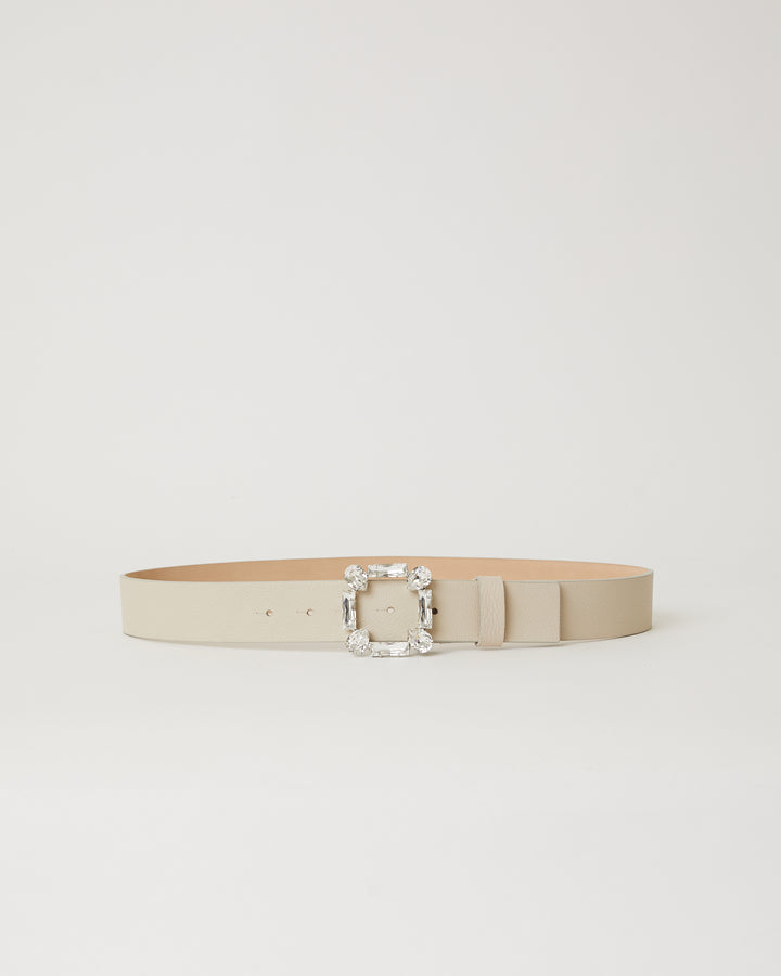 Off white genuine leather belt with a shiny crystal stone square shaped buckle and leather keeper.