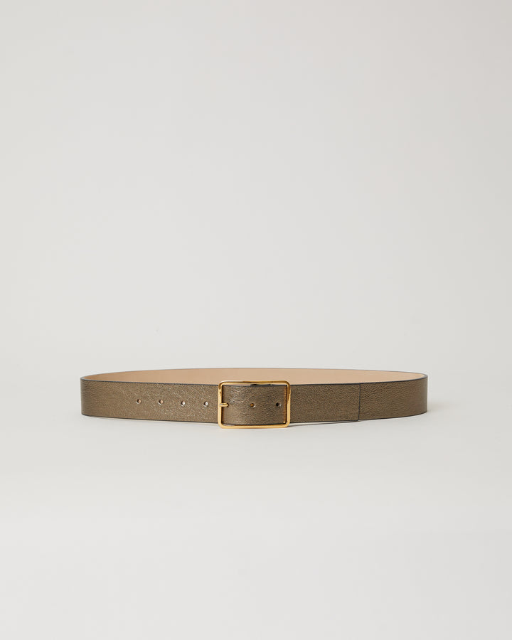 metallic leather belt with simple gold rectangular buckle.