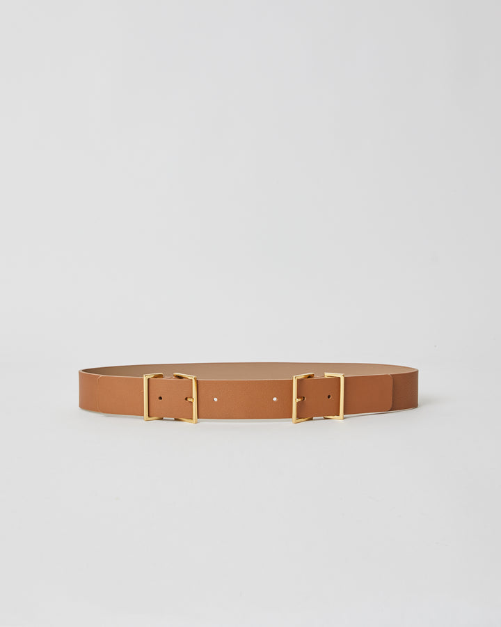 simple camel colored waist belt with gold double buckles and keepers.