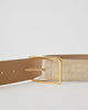 Light sand colored patent leather belt with croc-embossed finish. Fastens with simple gold triangle shaped buckle.