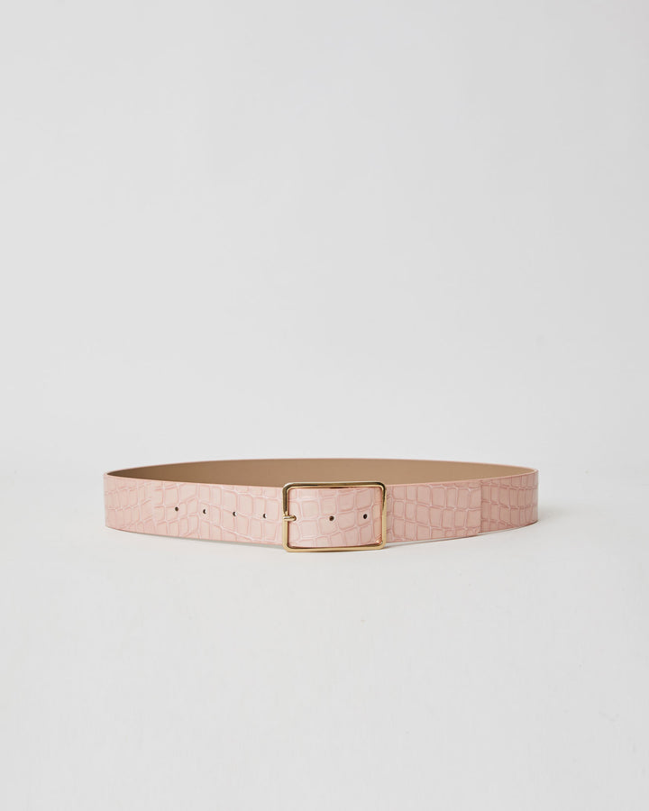 Light pink patent leather belt with croc-embossed finish. Fastens with simple gold triangle buckle.